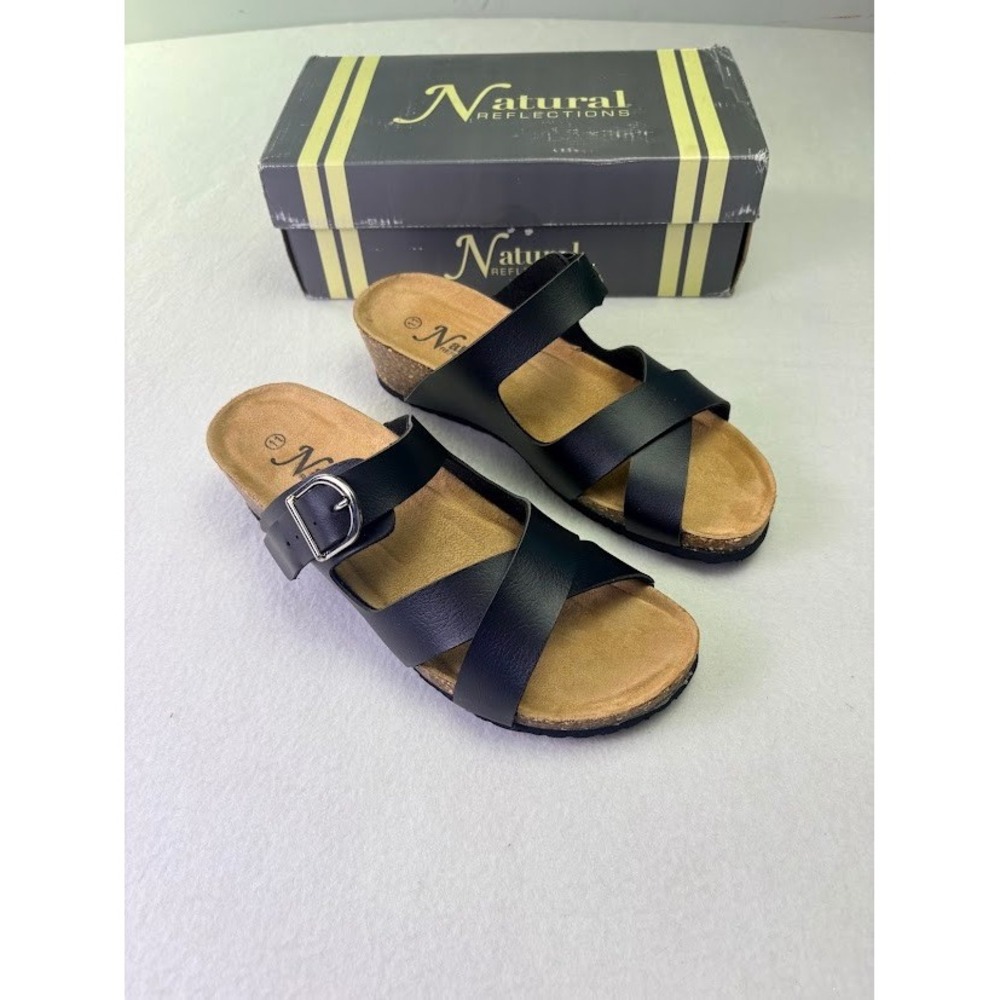 Natural Reflections Women's Black Crisscross Buckle Slide Sandals